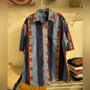 Vintage Western Wrangler Short Sleeve Pearl Snap Rare Pattern Blue and Red